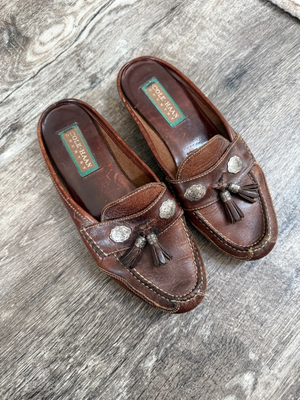 Vintage Cole Haan Country Mule Loafers Brown Leather Tassel Concho Shoes 9